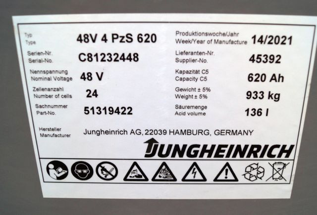Jungheinrich unknown | Battery 48V620Ah 48 4PZS620 year 4/2021 933 kg dimension Battery 48V620Ah 48 4PZS620 year 4/2021 933 kg dimensions 83,5x52,5x78,5cm sn. C8122448 - Batterie für Flurförderzeug: das Bild 3 Jungheinrich unknown | Battery 48V620Ah 48 4PZS620 year 4/2021 933 kg dimension Battery 48V620Ah 48 4PZS620 year 4/2021 933 kg dimensions 83,5x52,5x78,5cm sn. C8122448 - Batterie für Flurförderzeug: das Bild 3