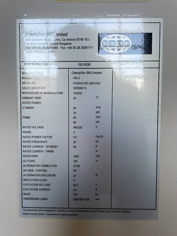 Stromgenerator, Zustand - NEU FG Wilson P65-5 - 65 kVA Open Genset - DPX-16006-O: das Bild 6