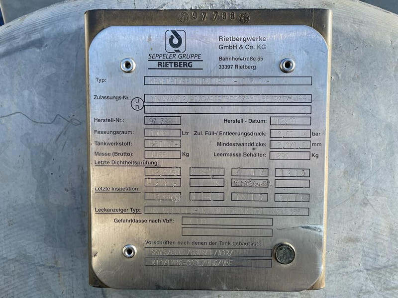 Dieseltank Rietberg 1000 liter Dieseltank Gegalvaniseerd IBC met keuring ! - Lagertank: das Bild 3 Dieseltank Rietberg 1000 liter Dieseltank Gegalvaniseerd IBC met keuring ! - Lagertank: das Bild 3